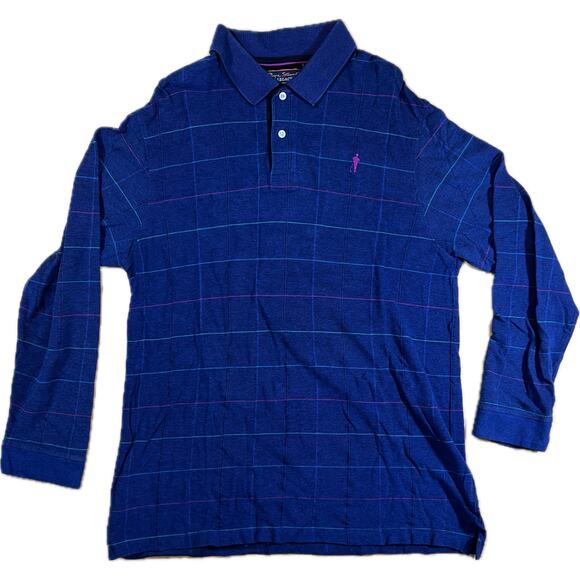 Payne Stewart Legacy Polo Shirt Blue Check Pink Logo Long Sleeve Cotton Mens L - Picture 3 of 10